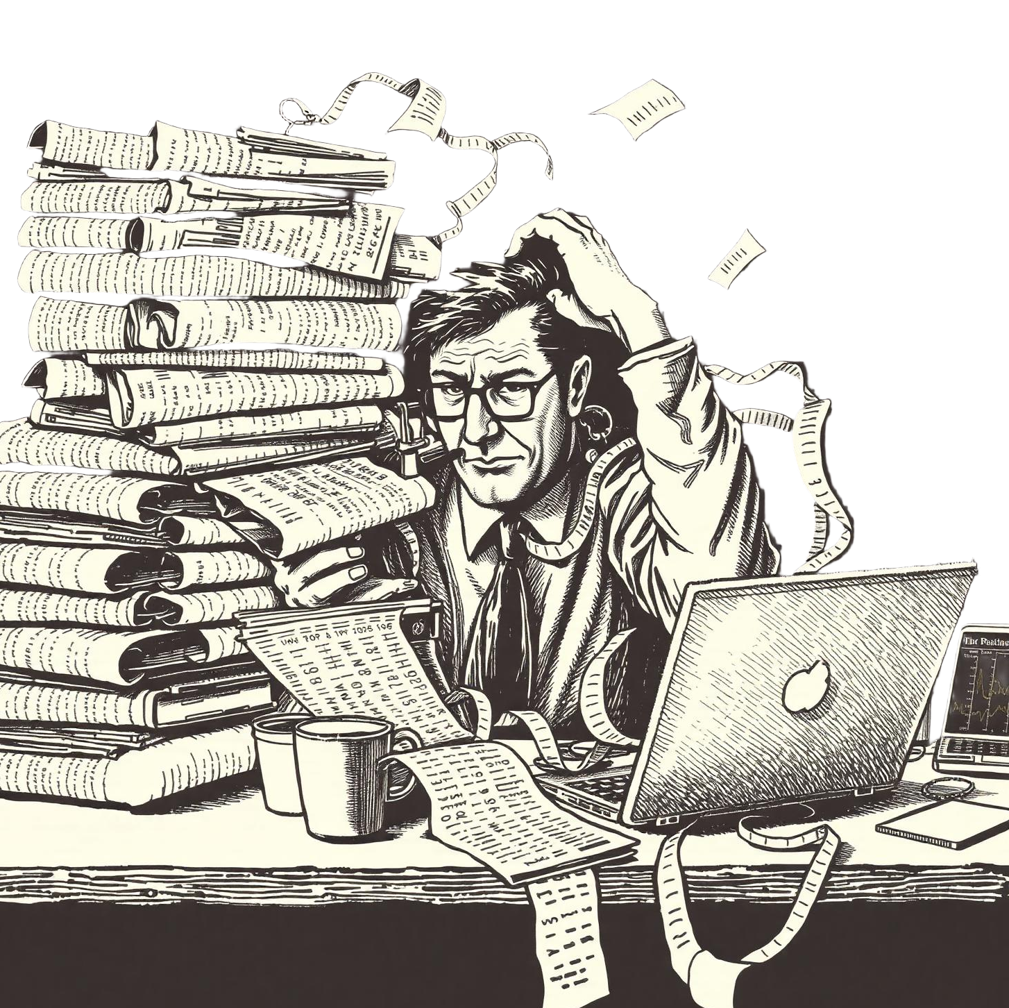 Engraving of an everyday reader buried under newspapers, filings, ticker tape and screens, trying to piece the market together alone